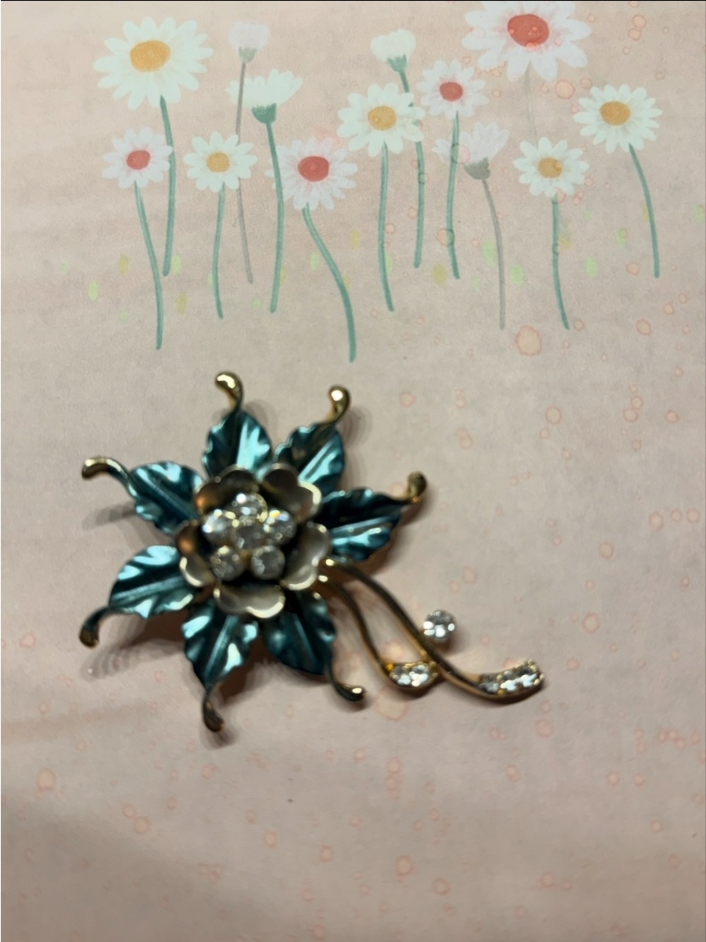 Floral Crystal Brooch Pin in Teal and Gold
